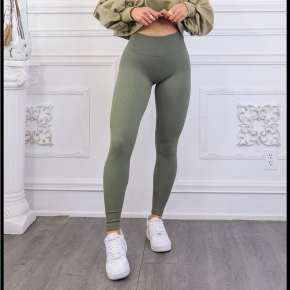 Pants - Surelymine Fit Olive Green Ribbed High-Waist Leggings